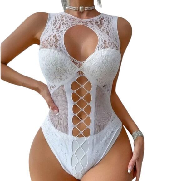 Lace Hollow Out‎ Teddy Bodysuit Lingerie without Liner White - Picture 1 of 5